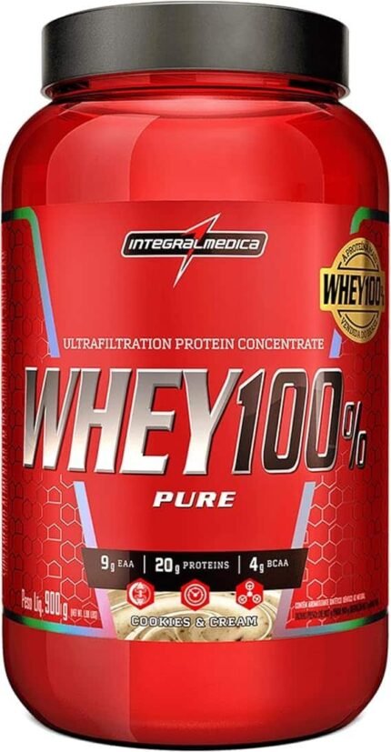 Integralmédica - Whey Protein Concentrado Cookies and Cream 100% Pure - 21g de Proteína por Scoop, Suplementação Alimentar Pós-Treino, Fórmula Enriquecida com BCAAs - Pote 900g
