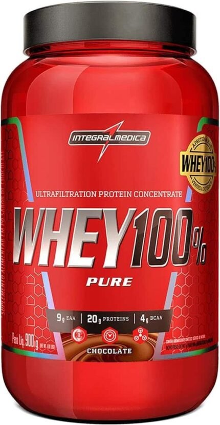 ntegralmédica - Whey Protein Concentrado Chocolate 100% Pure - 21g de Proteína por Scoop, Suplementação Alimentar Pós-Treino, Fórmula Enriquecida com BCAAs - Pote 900g